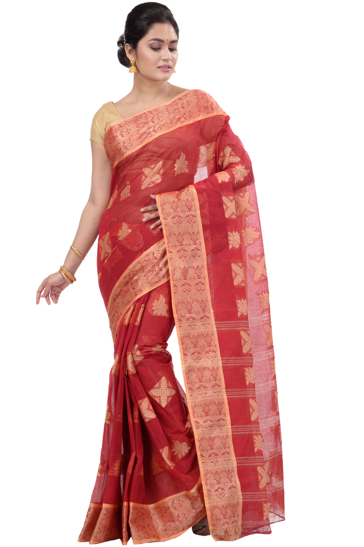 Red Pure Cotton Suparna Buti Tant Saree (760)